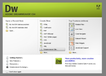 Welcome screen of Dreamweaver CS4