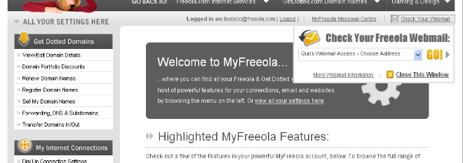 Freeola Webmail MyFreeola page