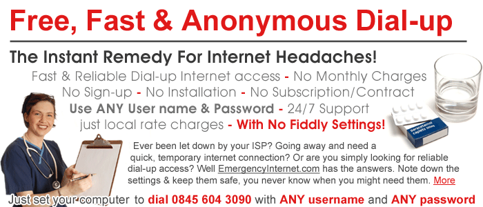 Fast, Anonymous dial-up from EmergencyInternet.com