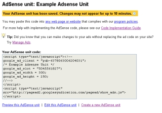 Google AdSense code generated