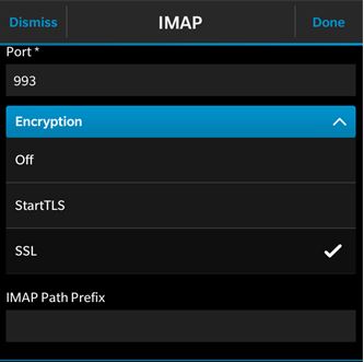Select SSL and port 993 for IMAP IMAP Port Settings on Blackberry 10