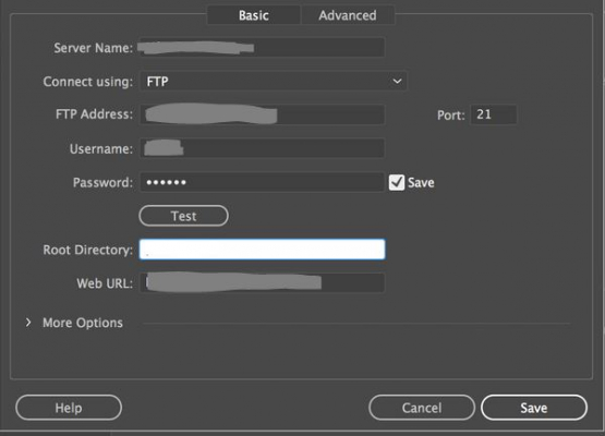 Enter FTP Settings into Dreamweaver Dreamweaver FTP Settings Window