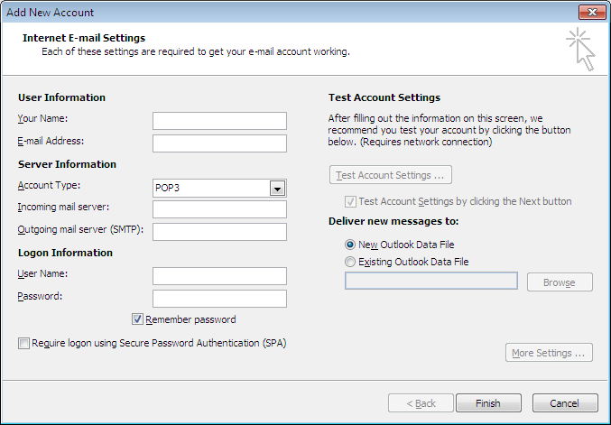 outlook account settings passwords