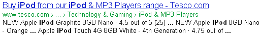 Result listing from Google for an iPod sold by Tesco