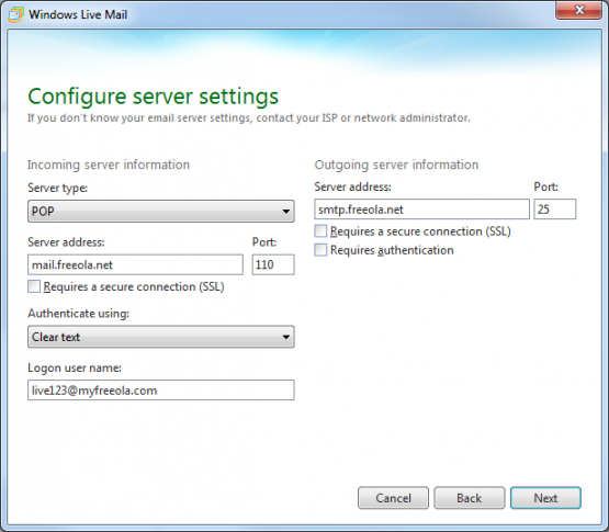 Window Live Mail Enter Server Settings Window Live Mail Enter Server Settings