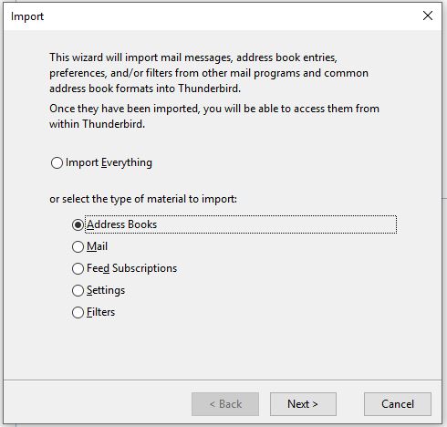 Choose to Import Address Book Thunderbird Import Window